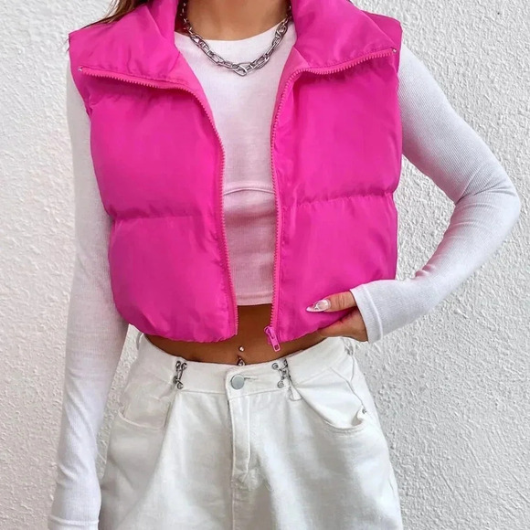 Hot Pink Casual Women's Y2k Zipper Front Vest Padded Coat - Picture 3 of 6